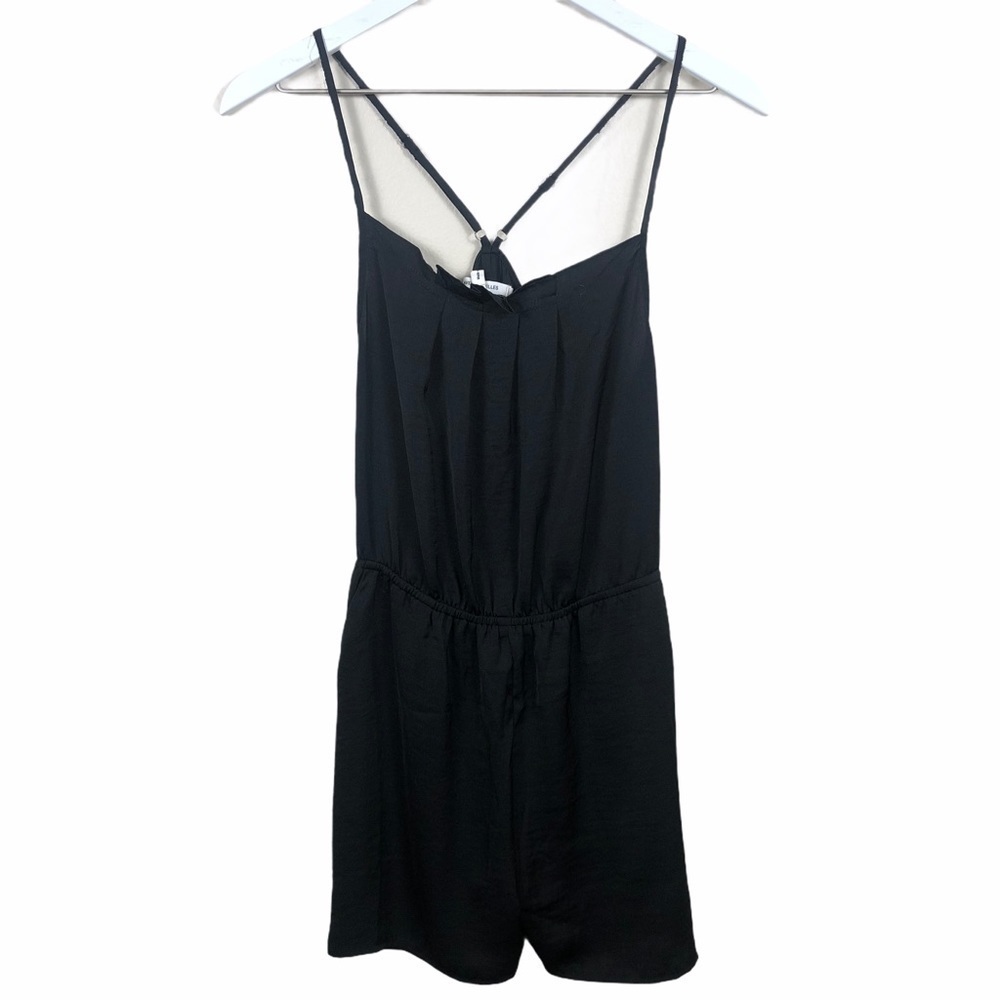 Avec Les Filles Black Ruffle Sleeve Satin Romper